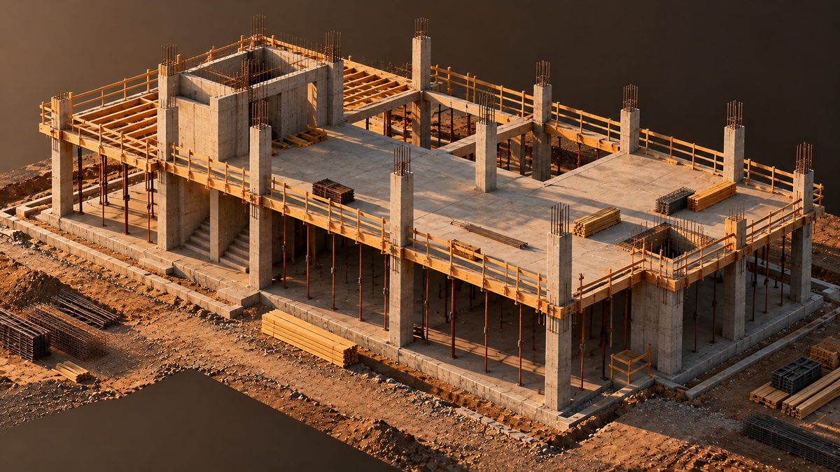 An isometric render of a concrete frame stopped at first-floor level: columns with starter bars projecting, a cast deck, timber formwork and steel props beneath it, and stacked boards and reinforcement lying on the ground around the edge. No cladding and no roof.